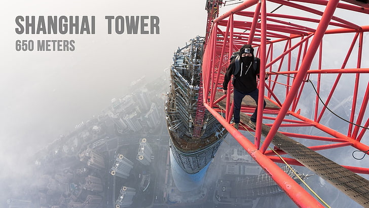 Shanghai Tower, China, cityscape, climbing, bird's eye view, cranes (machine)