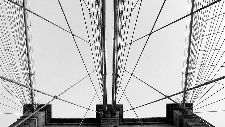 gray concrete bridge, architecture, wires, Brooklyn Bridge, monochrome