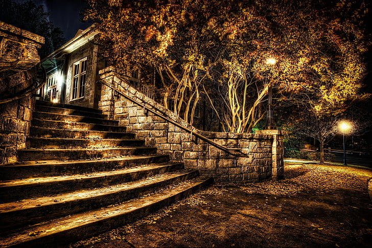 night, stairs, HDR, park, HD wallpaper