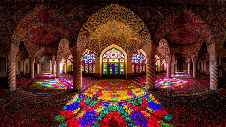 iran, pink mosque, stained glasses, panorama, fisheye, photography