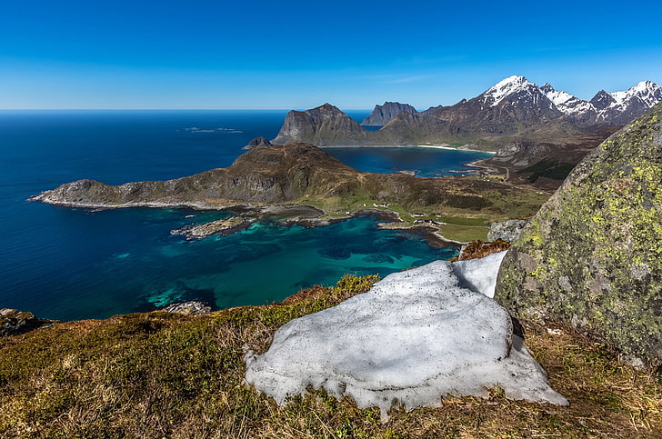 grey stone, Lofoten Islands, nature, sea, landscape, water, beauty in nature, HD wallpaper