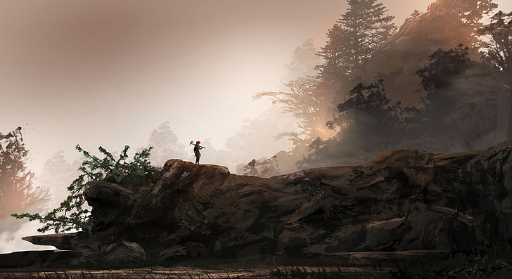 fantasy art, trees, mist, nature, rock, forest, hero, loneliness