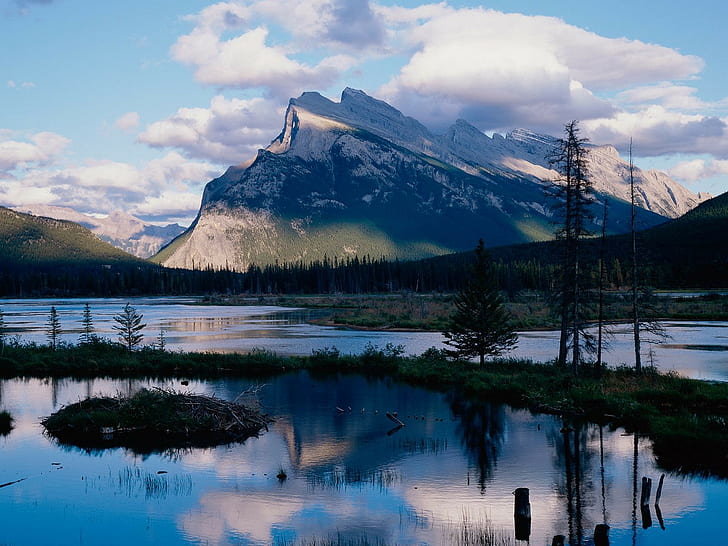 landscape, Mount Rundle, Banff National Park, mountains, lake, HD wallpaper