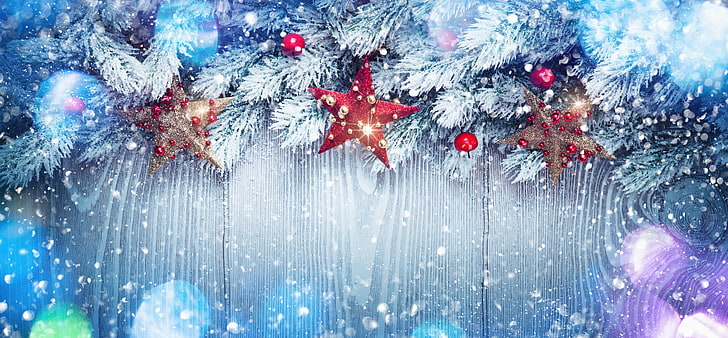 Christmas-hemed wallpaper, winter, snow, decoration, tree, New Year