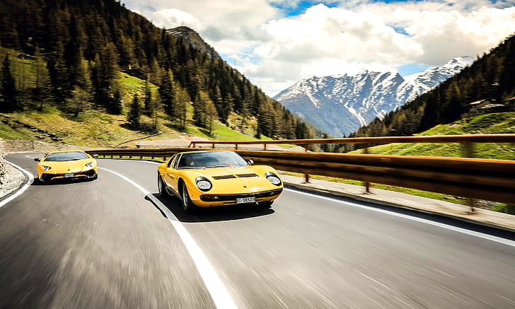 mountains, yellow cars, road, vehicle, Lamborghini, Lamborghini Aventador, HD wallpaper