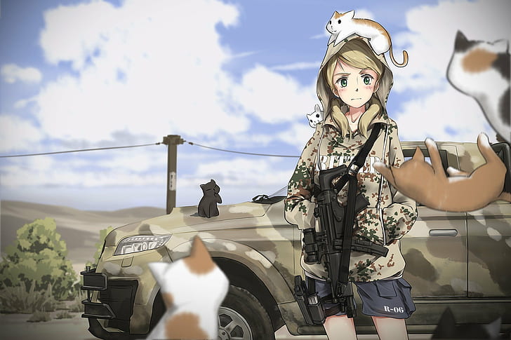 Anime Girls, car, cat, Sub machine gun, toyota, Turkish Armed Forces, HD wallpaper