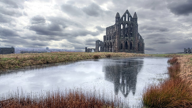gray concrete castle, church, ruin, UK, reflection, overcast