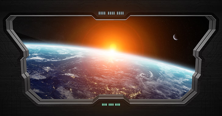 planet Earth digital wallpaper, light, star, Sci FI, window spaceship