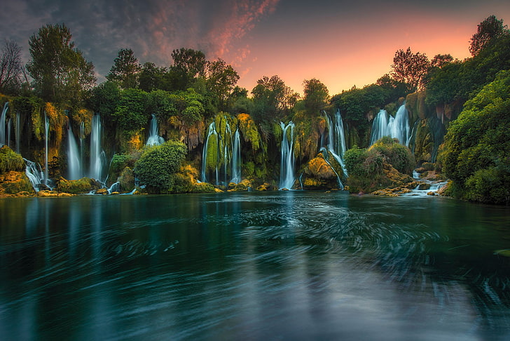 trees, river, waterfalls, Bosnia and Herzegovina, Waterfall Kravitz
