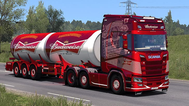 road, truck, Scania, ETS2, Budweiser, Euro Truck Simulator 2, HD wallpaper