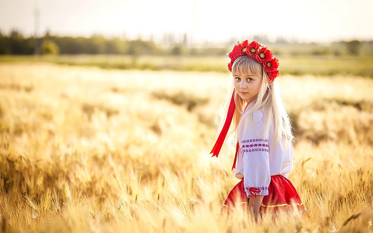 Ukraine, cute little girl, wheat field, HD wallpaper
