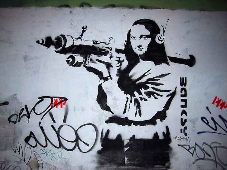 Mona Lisa painting, laughing, Banksy, headphones, artwork, creativity