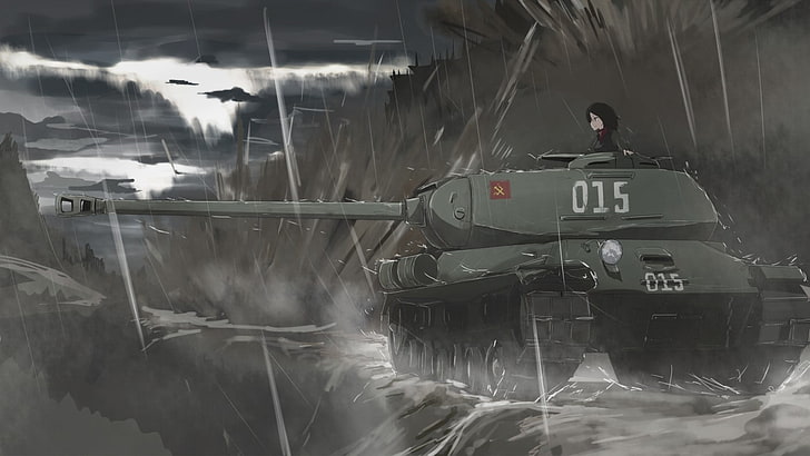 anime, military, vehicle, tank, anime girls, rain, depressing