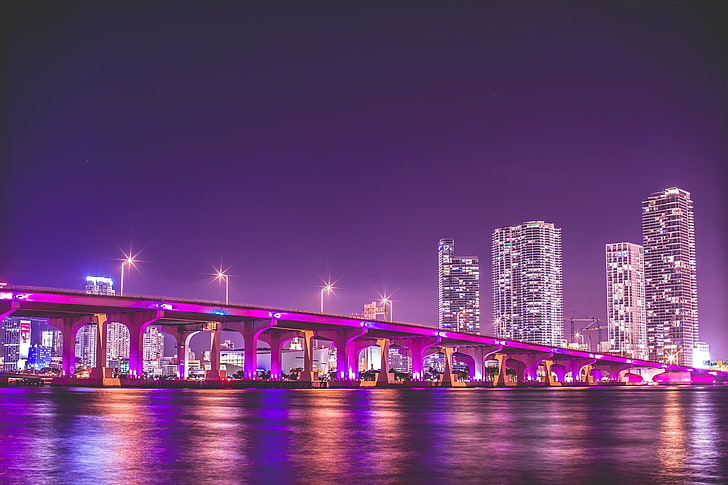 bridge illustration, night, florida, Miami, vice city, architecture