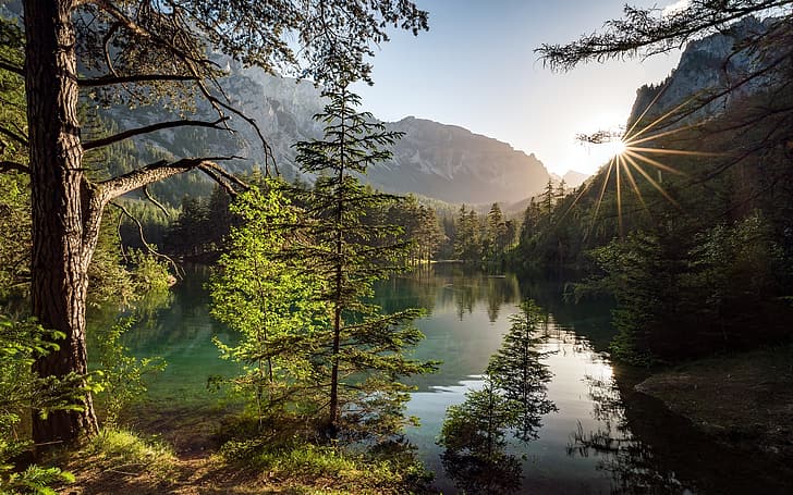 trees, mountains, lake, Austria, Alps, Styria, Green Lake, Tries