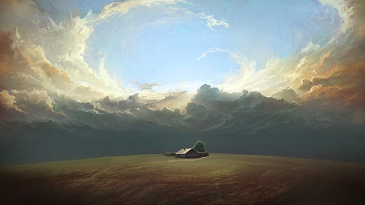 lone house painting, clouds, artwork, field, DeviantArt, sky, HD wallpaper