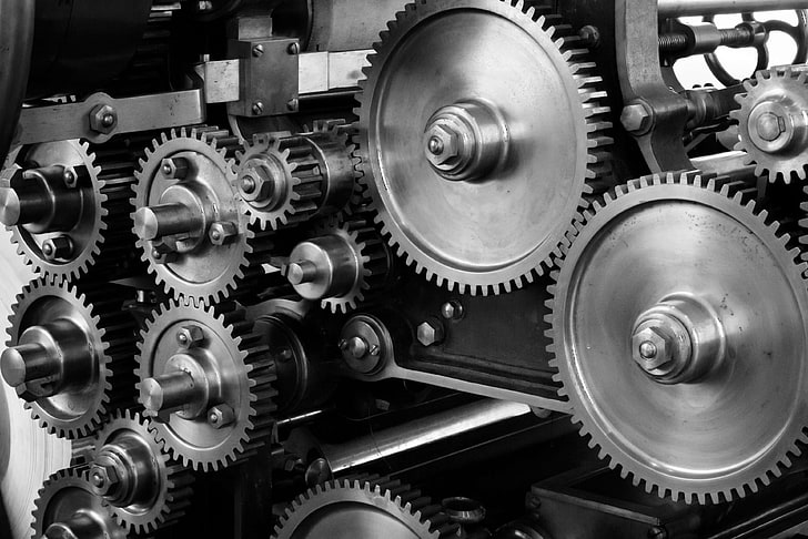 black and white, cogs, gears, industrial, machine, machinery, HD wallpaper