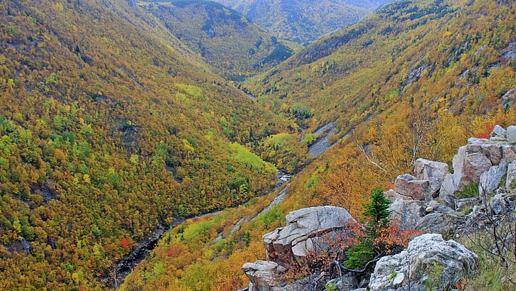 landscape, mountains, nature, valley, rocks, stream, river, HD wallpaper