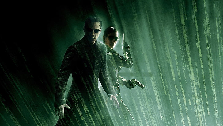 Neo from The Matrix, guns, Trinity, Keanu Reeves, Carrie-Anne Moss, HD wallpaper