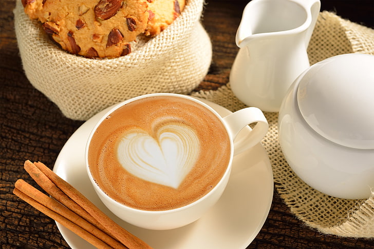 white ceramic mug with saucer, love, heart, coffee, milk, Cup, HD wallpaper