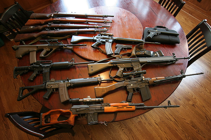 assorted-color rifle lot, weapons, table, guns, sniper rifle, HD wallpaper