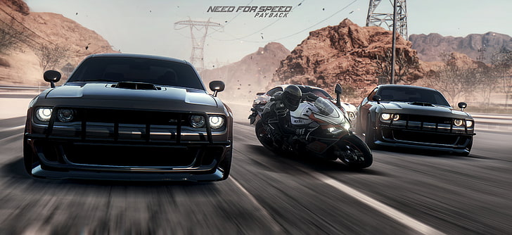 two black vehicles and one sports bike, desert, mustang, race, HD wallpaper