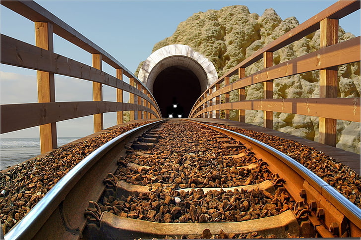 brown wooden fence and stone tunnel, train, architecture, built structure