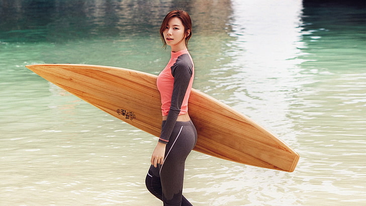 women's pink and gray long-sleeved shirt, Korean, surfboards, HD wallpaper