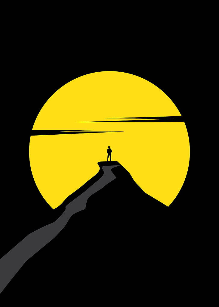 man on mountain digital wallpaper, full moon, silhouette, art