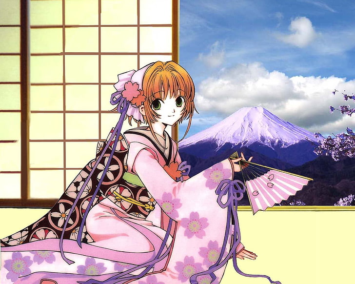 HD wallpaper: female anime character, girl, kimono, fan, smile, landscape,  japan | Wallpaper Flare