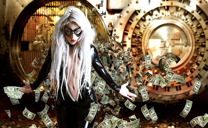 Catwoman, girl, money, mask, the Bank, robbery, people, one Person