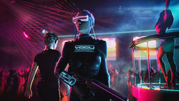 cyberpunk, futuristic, weapon, women, illuminated, music, technology, HD wallpaper