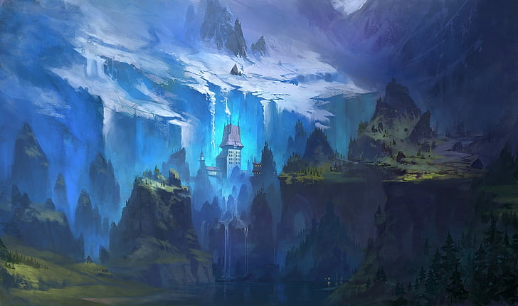 fantasy world digital wallpaper, cold, glaciers, fortress, forest