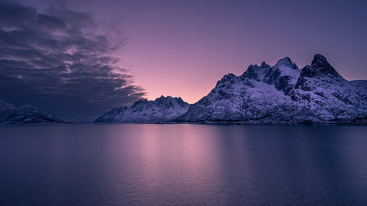 purple sky, nature, norway, horizon, mountain, purple landscape, HD wallpaper
