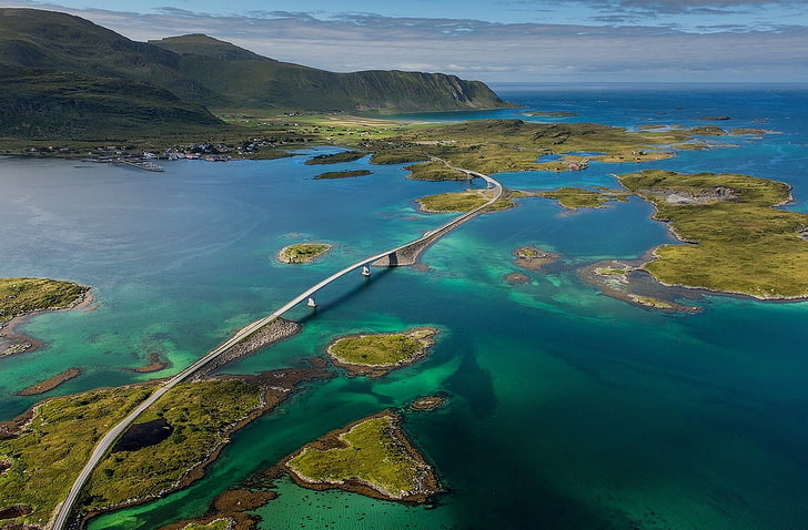 aerial photography of bridge, nature, landscape, island, sea, HD wallpaper