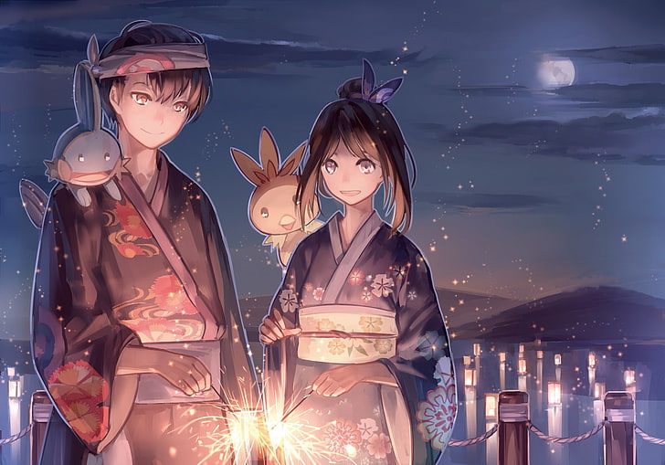 night, Pokémon, fireworks, kimono, young adult, young women
