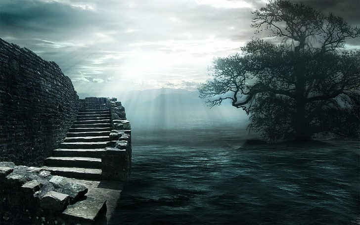 concrete stairs near body of water graphic wallapper, painting, HD wallpaper