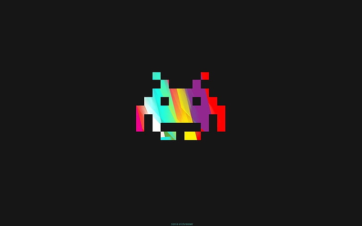 minimalism, video games, retro games, Space Invaders, multi colored