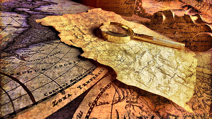 gold-colored magnifying glass, creativity, map, magnifying glasses