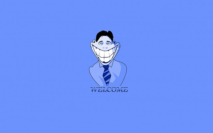 welcome meme, asian, smiley, smiling, blue background, tie, inscription, HD wallpaper