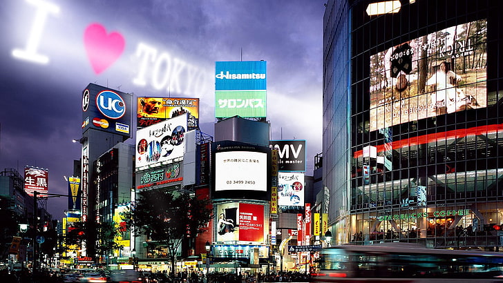 Tokyo, Japan, buildings, night, advertising, billboard, street, HD wallpaper