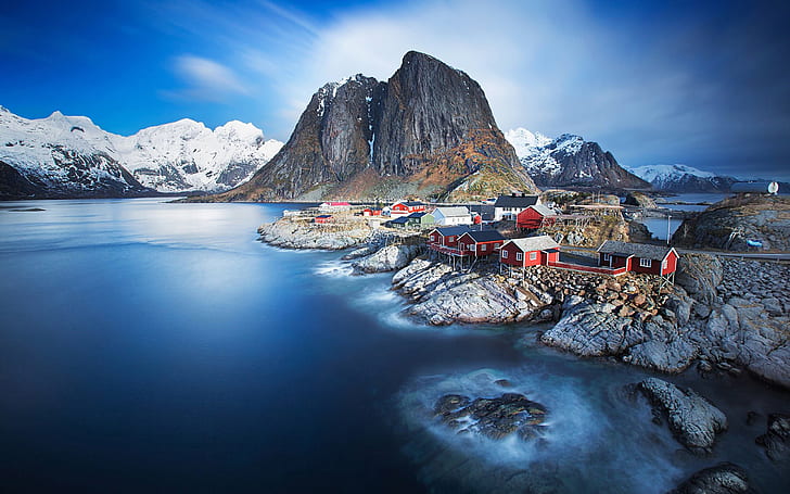Lofoten Norway Nature Landscape Snowy Mountains Rocky Peaks Sea Bay Fishing Village Houses Desktop Wallpaper Hd 2560×1600