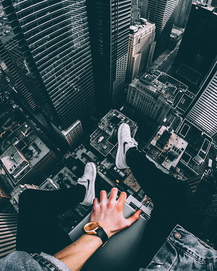 pair of white Nike sneakers, feet, roof, height, people, urban Scene, HD wallpaper