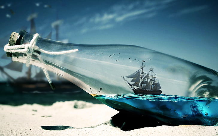 Sailing in a Bottle, clear glass bottle with sailing ship miniature, HD wallpaper