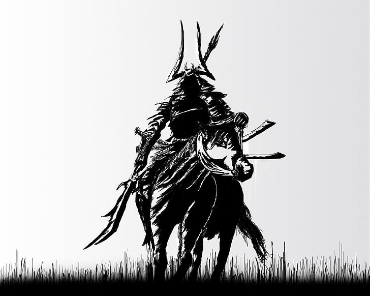 man riding on horse illustration, samurai, fan art, plant, sky