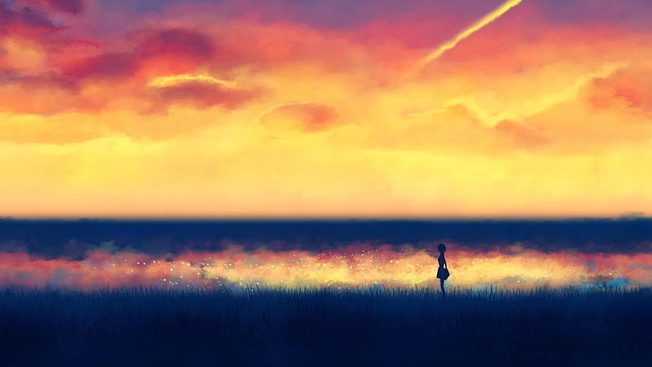 artwork, anime girls, sky, sunlight, cloud - sky, sunset, beauty in nature, HD wallpaper