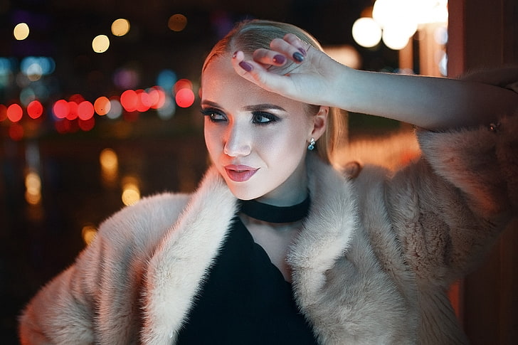 women, model, Anton Shabunin, urban, night, face, fur coats, HD wallpaper