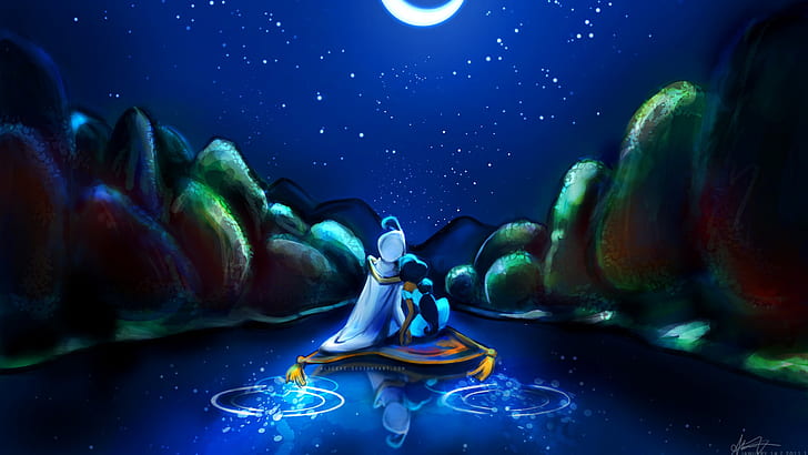 Aladdin Disney Magic Carpet Drawing Night Embrace Stars HD, cartoon/comic, HD wallpaper