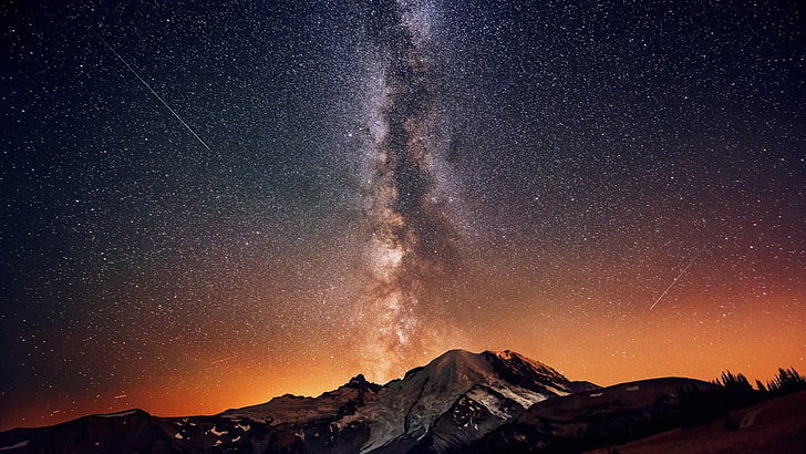starry night over mountain digital wallpaper, space, stars, nebula