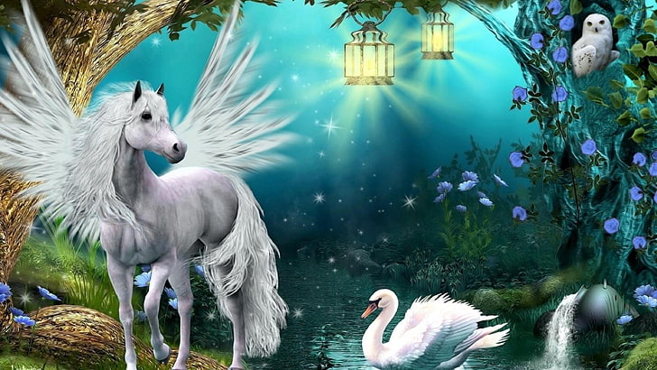 mythical creature, tree, fictional character, pegasus, winged horse, HD wallpaper